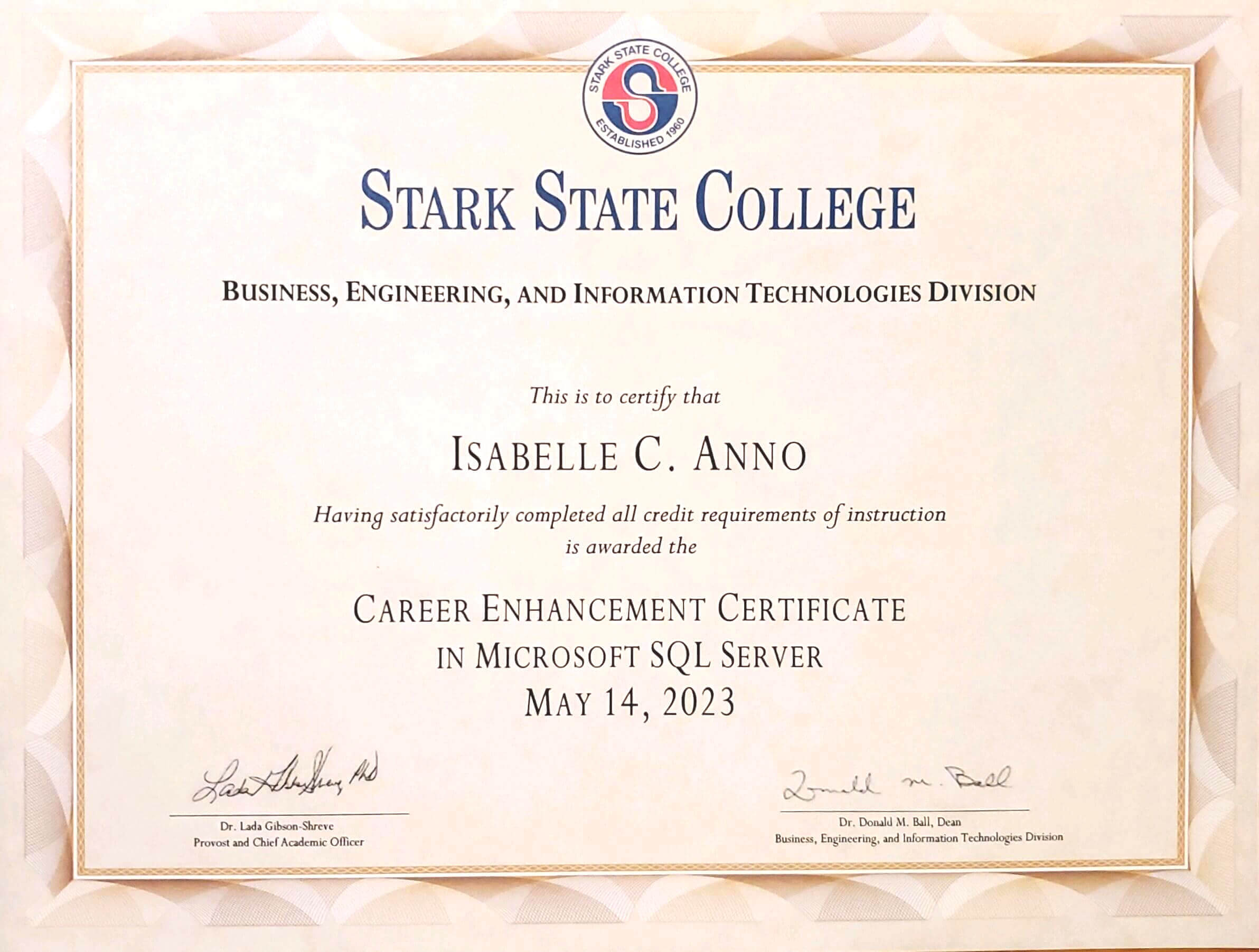 Stark State College Career Enhancement Certificate in Microsoft SQL Server. May 14, 2023.