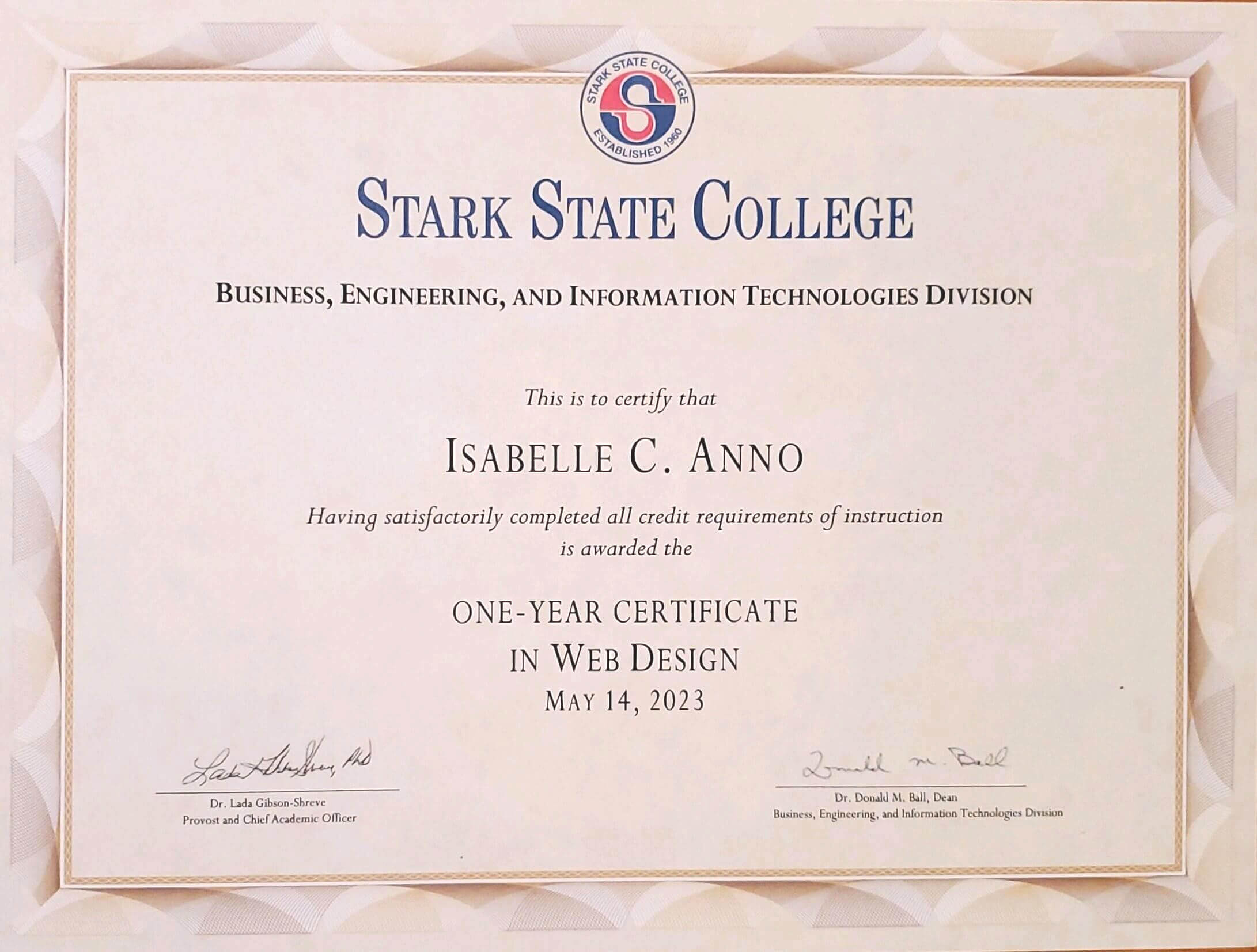 Stark State College Career Enhancement Certificate in Web Design. May 14, 2023.